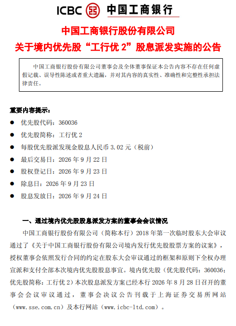 工商银行：拟派发“工行优2”股息，每股发放3.02元