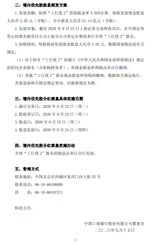 工商银行：拟派发“工行优2	”股息	，每股发放3.02元